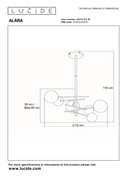 Lucide ALARA - Suspension - Ø 72 cm - LED - G4 - 6x1,5W 2700K - Or - TECHNISCH